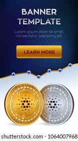 Cryptocurrency editable banner template. Cardano. 3D isometric Physical bit coin. Golden and silver Cardano coins. Stock vector illustration.