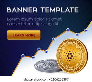 Cryptocurrency editable banner template. Cardano. 3D isometric Physical bit coin. Golden and silver Cardano coins. Stock vector illustration.