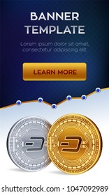 Cryptocurrency editable banner template. Dash. 3D isometric Physical bit coin. Golden and silver Dash coins. Stock vector illustration.