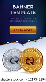 Cryptocurrency editable banner template. Decred. 3D isometric Physical bit coin. Golden and silver Decred coins. Stock vector illustration.