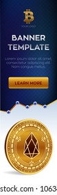 Cryptocurrency editable banner template. Eos. 3D isometric Physical bit coin. Golden Eos coin. Stock vector illustration.