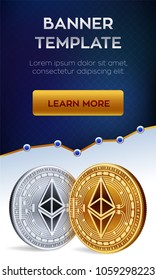 Cryptocurrency editable banner template. Ethereum. 3D isometric Physical bit coin. Golden and silver Ethereum coins. Stock vector illustration.