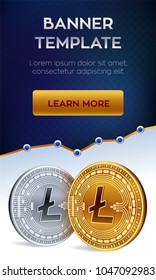 Cryptocurrency editable banner template. Litecoin. 3D isometric Physical bit coin. Golden and silver Litecoin coins. Stock vector illustration.
