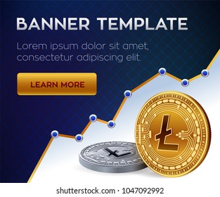 Cryptocurrency editable banner template. Litecoin. 3D isometric Physical bit coin. Golden and silver Litecoin coins. Stock vector illustration.