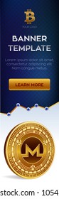 Cryptocurrency editable banner template. Monero. 3D isometric Physical bit coin. Golden Monero coin. Stock vector illustration.