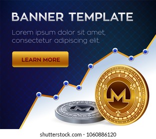 Cryptocurrency editable banner template. Monero. 3D isometric Physical bit coin. Golden and silver Monero coins. Stock vector illustration.