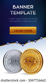 Cryptocurrency editable banner template. Nem. 3D isometric Physical bit coin. Golden and silver Nem coins. Stock vector illustration.