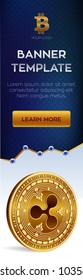 Cryptocurrency editable banner template. Ripple. 3D isometric Physical bit coin. Golden and silver Ripple coins. Stock vector illustration.