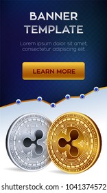 Cryptocurrency editable banner template. Ripple. 3D isometric Physical bit coin. Golden and silver Ripple coins. Stock vector illustration.