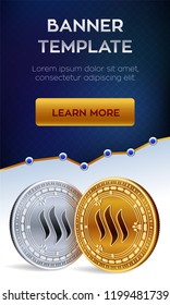 Cryptocurrency editable banner template. Steem. 3D isometric Physical bit coin. Golden and silver Steem coins. Stock vector illustration.
