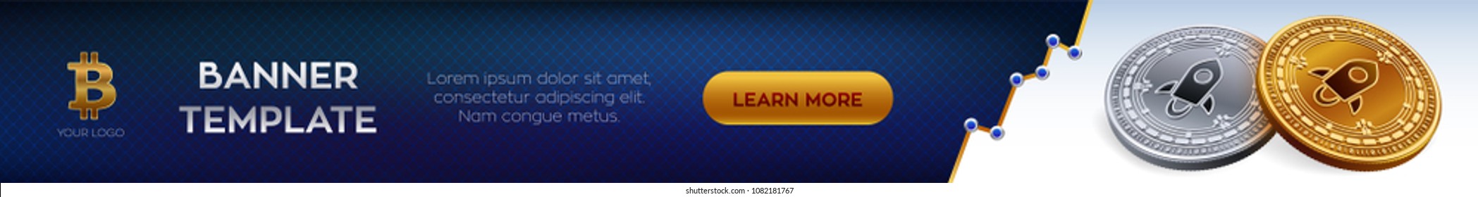 Cryptocurrency editable banner template. Stellar. 3D isometric Physical bit coin. Golden and silver Stellar coins. Stock vector illustration.