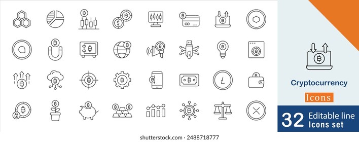 Cryptocurrency editable stroke icon set.  Blockchain, Bitcoin, Digital currency, Savings, Piggy bank, Growth chart and more line stroke icon