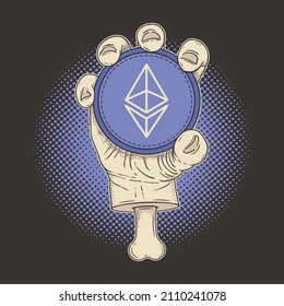 Cryptocurrency Ethereum ETH holder, hand holding coin vector illustration.