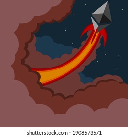 Cryptocurrency Ethereum as a rocket rising up in the night sky. Which represents its increasing in value and then gains it is making