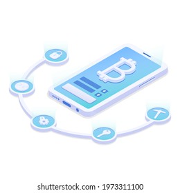 Cryptocurrency exchange app.  Smartphone cryptocurrency convertation concept. Vector illustration in isometric style. Isolated on white background