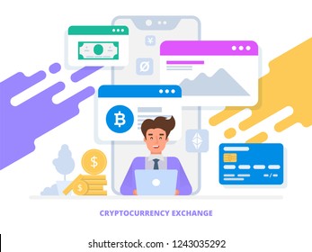 Cryptocurrency exchange Bitcoin, cryptocurrency and blockchain technology Flat vector illustration can use for web banner, infographics, hero images.