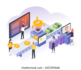 Cryptocurrency exchange. Bitcoin, cryptocurrency and blockchain technology in flat isometric with analyst, people and statistics illustration. Digital money currency concept