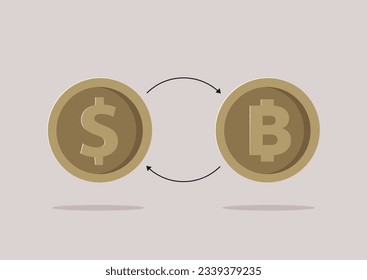 Cryptocurrency exchange, bitcoin and dollar conversion, digital banking operations