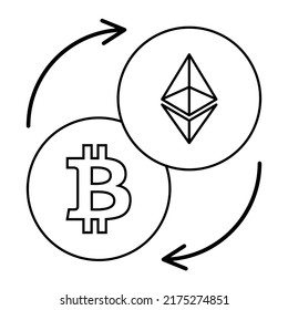 Cryptocurrency exchange, bitcoin and ethereum icons, business outline vector illustration.