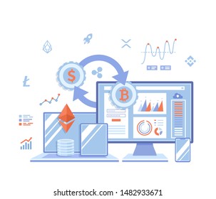 Intercambio de criptodivisa y cadena de bloqueo. Bitcoin, Ethereum a dólares, plataforma de intercambio. Mercado monetario, operaciones financieras, análisis, gráficos, beneficios. Ilustración vectorial sobre fondo blanco.