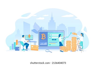 Cryptocurrency Exchange and Blockchain. Bitcoin, Ethereum to dollars exchange platform. Money market, finance trading, analytics, graphs, profit. Vector illustration flat style.