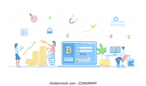 Cryptocurrency Exchange and Blockchain. Bitcoin, Ethereum to dollars exchange platform. Money market, finance trading, analytics, graphs, profit. Vector illustration flat style.	
