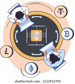 Cryptocurrency exchange and blockchain. Bitcoin mining, Ethereum exchange platform to trade digital money metaphor, investment technology. Online money market, finance trading. Ecurrency transactions