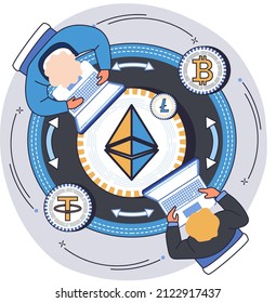 Cryptocurrency exchange y blockchain. Minería de bitcoin, plataforma de intercambio de etéreo para el comercio de metáfora digital de dinero, tecnología de inversión. Mercado de dinero en línea, operaciones financieras. Transacciones de divisa