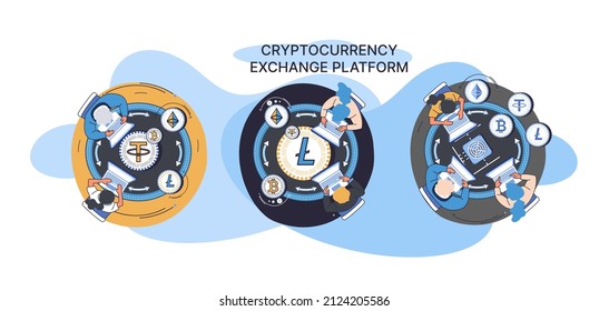 Cryptocurrency exchange and blockchain. Bitcoin mining, Ethereum exchange platform to trade digital money metaphor, investment technology. Online money market, finance trading. Ecurrency transactions
