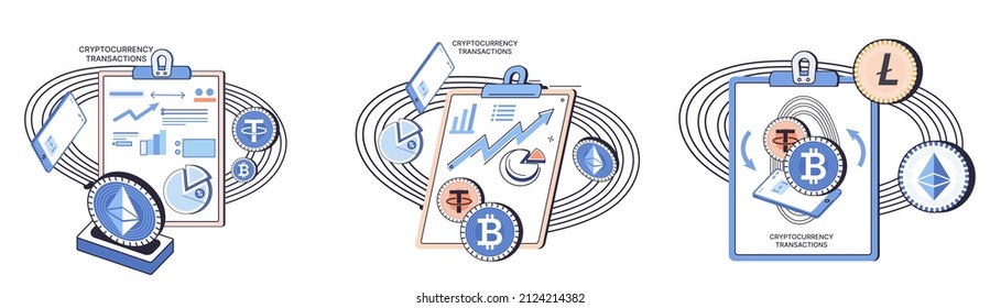 Cryptocurrency exchange and blockchain. Bitcoin mining, Ethereum exchange platform to trade digital money metaphor, investment technology. Online money market, finance trading. Ecurrency transactions