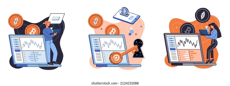 Cryptocurrency exchange and blockchain. Bitcoin mining, Ethereum exchange platform to trade digital money metaphor, investment technology. Online money market, finance trading. Ecurrency transactions