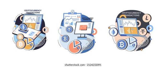 Cryptocurrency exchange and blockchain. Bitcoin mining, Ethereum exchange platform to trade digital money metaphor, investment technology. Online money market, finance trading. Ecurrency transactions