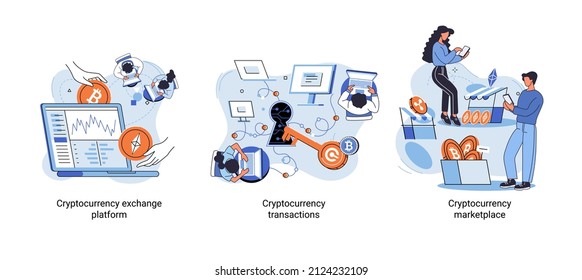 Cryptocurrency exchange y blockchain. Minería de bitcoin, plataforma de intercambio de etéreo para el comercio de metáfora digital de dinero, tecnología de inversión. Mercado de dinero en línea, operaciones financieras. Transacciones de divisa