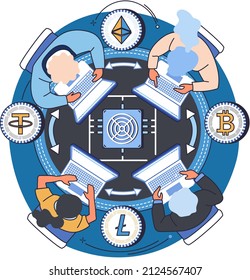 Cryptocurrency exchange and blockchain. Bitcoin mining, Ethereum exchange platform to trade digital money metaphor, investment technology. Online money market, finance trading. Ecurrency transactions