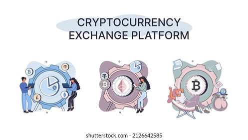 Cryptocurrency exchange and blockchain. Bitcoin mining, Ethereum exchange platform to trade digital money metaphor, investment technology. Online money market, finance trading. Ecurrency transactions