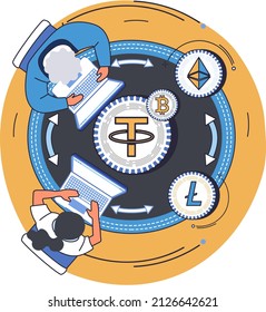 Cryptocurrency exchange and blockchain. Bitcoin mining, Ethereum exchange platform to trade digital money metaphor, investment technology. Online money market, finance trading. Ecurrency transactions