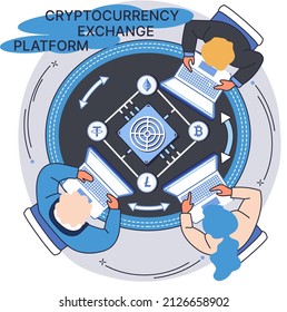 Cryptocurrency exchange and blockchain. Bitcoin mining, Ethereum exchange platform to trade digital money metaphor, investment technology. Online money market, finance trading. Ecurrency transactions