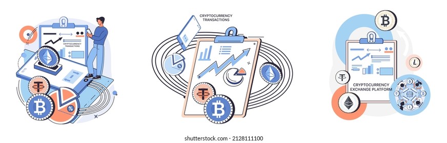 Cryptocurrency exchange and blockchain. Bitcoin mining, Ethereum exchange platform to trade digital money metaphor, investment technology. Online money market, finance trading. Ecurrency transactions