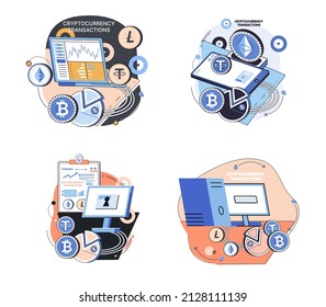 Kryptowährungsaustausch und Blockchain. Bitcoin-Bergbau, Ethereum-Börsenplattform für den Handel mit digitalen Geld-Metapher, Investitionstechnologie. Online-Geldmarkt, Finanzhandel. Devisengeschäfte
