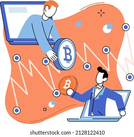 Cryptocurrency exchange and blockchain. Bitcoin mining, Modern commerce platform to trade digital virtual money, investment technology. Online money market, finance trading. Ecurrency transactions