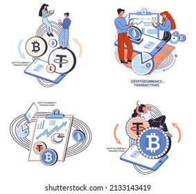 Cryptocurrency exchange and blockchain. Bitcoin mining, Ethereum exchange platform to trade digital money metaphor, investment technology. Online money market, finance trading. Ecurrency transactions