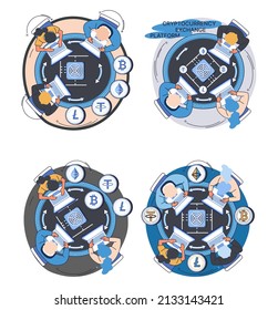 Cryptocurrency exchange and blockchain. Bitcoin mining, Ethereum exchange platform to trade digital money metaphor, investment technology. Online money market, finance trading. Ecurrency transactions