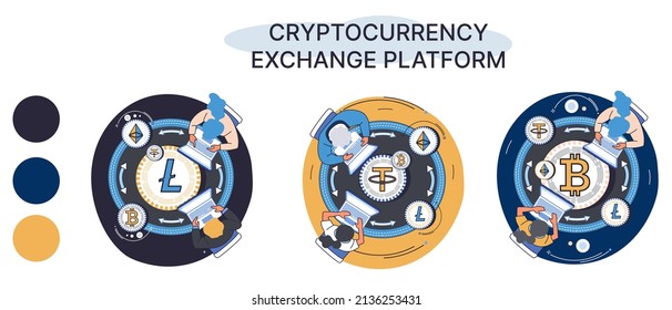 Cryptocurrency exchange and blockchain. Bitcoin mining, Ethereum exchange platform to trade digital money metaphor, investment technology. Online money market, finance trading. Ecurrency transactions