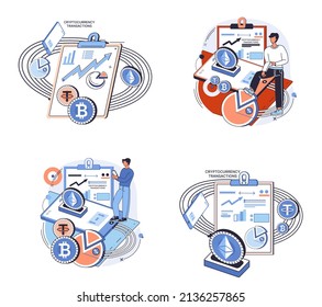 Cryptocurrency exchange y blockchain. Minería de bitcoin, plataforma de intercambio de etéreo para el comercio de metáfora digital de dinero, tecnología de inversión. Mercado de dinero en línea, operaciones financieras. Transacciones de divisa