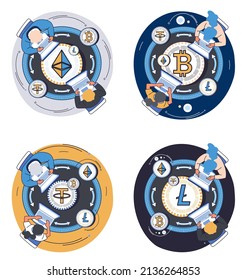 Cryptocurrency exchange and blockchain. Bitcoin mining, Ethereum exchange platform to trade digital money metaphor, investment technology. Online money market, finance trading. Ecurrency transactions