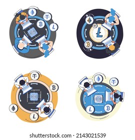 Cryptocurrency exchange and blockchain. Bitcoin mining, Ethereum exchange platform to trade digital money metaphor, investment technology. Online money market, finance trading. Ecurrency transactions