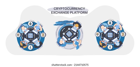 Cryptocurrency exchange y blockchain. Minería de bitcoin, plataforma de intercambio de etéreo para el comercio de metáfora digital de dinero, tecnología de inversión. Mercado de dinero en línea, operaciones financieras. Transacciones de divisa