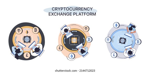 Cryptocurrency exchange y blockchain. Minería de bitcoin, plataforma de intercambio de etéreo para el comercio de metáfora digital de dinero, tecnología de inversión. Mercado de dinero en línea, operaciones financieras. Transacciones de divisa