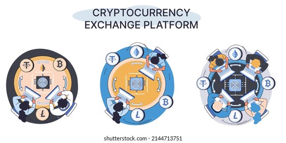 Cryptocurrency exchange y blockchain. Minería de bitcoin, plataforma de intercambio de etéreo para el comercio de metáfora digital de dinero, tecnología de inversión. Mercado de dinero en línea, operaciones financieras. Transacciones de divisa