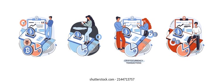 Cryptocurrency exchange and blockchain. Bitcoin mining, Ethereum exchange platform to trade digital money metaphor, investment technology. Online money market, finance trading. Ecurrency transactions